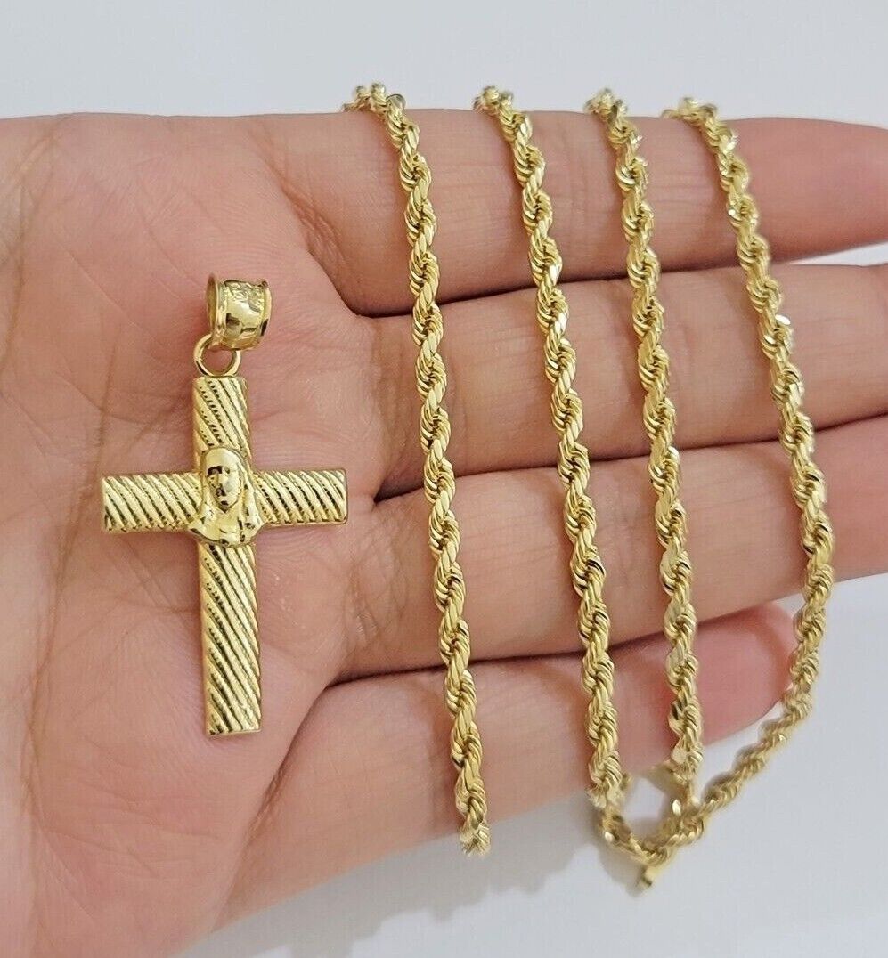 10k Yellow Gold Rope Chain Jesus Cross Charm Pendant Set 18 - 28'' Inches Necklace - GoldenlinQ